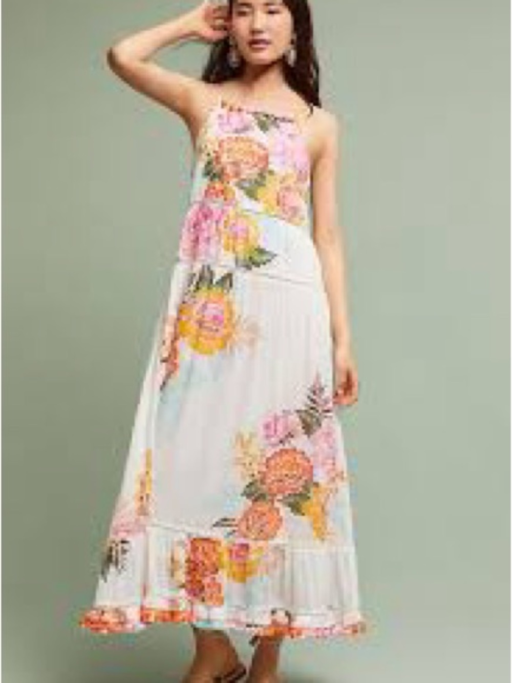 Floral White Tiered Maxi Dress with Pink & Orange Blooms - Picture 6 of 15